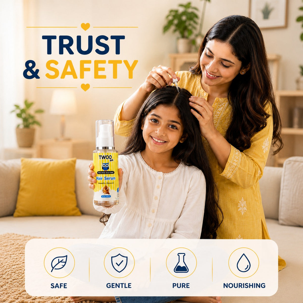 Mother and daughter using TWOO's hair serum for frizzy hair ā a hair serum for women and kids alike