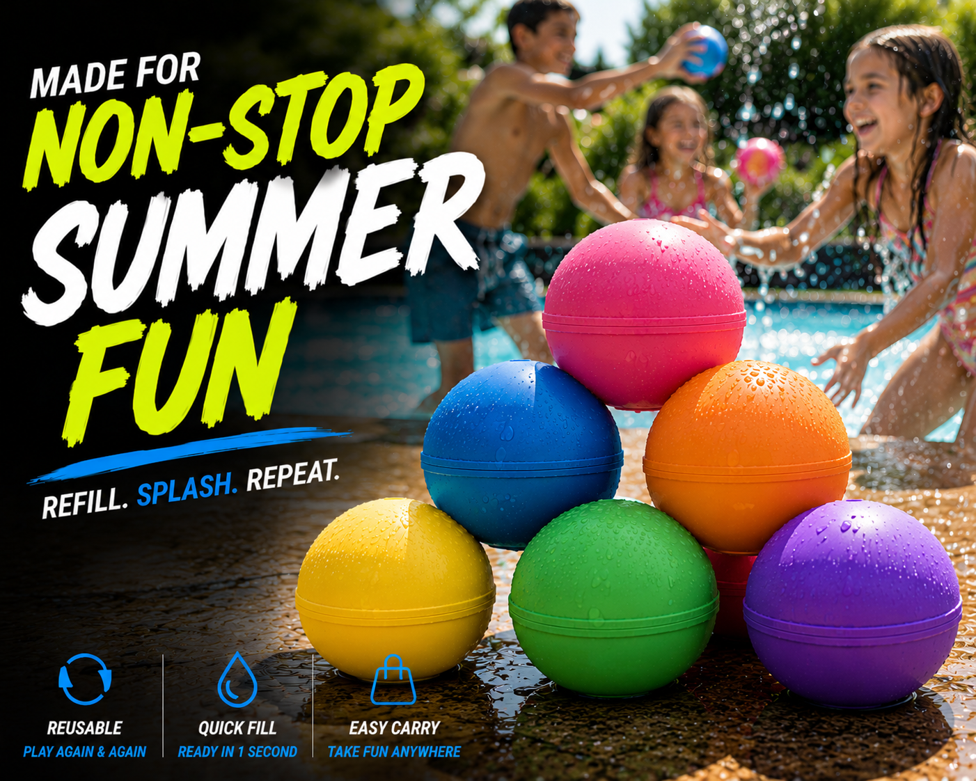 TWOO Kidz Aqua Bomb Reusable Water Balloons | Soft Splash Magnetic Water Balls for Kids | Age 3+