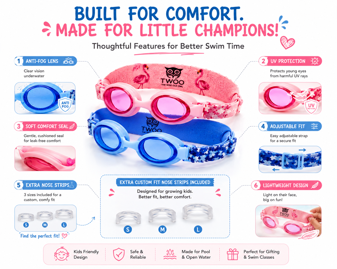 TWOO Kidz Swim Goggles for Kids 3+ Years | Anti-Fog Swimming Goggles with Soft Cloth & Silicone Straps | Adjustable Kids Swim Goggles for Boys & Girls