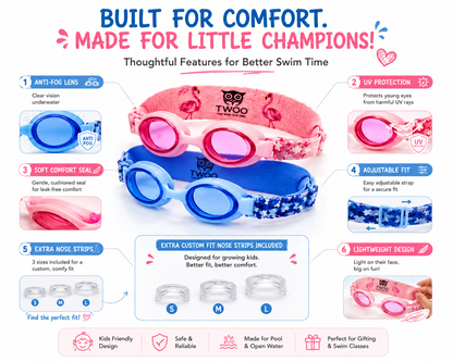 TWOO Kidz Swim Goggles for Kids 3+ Years | Anti-Fog Swimming Goggles with Soft Cloth & Silicone Straps | Adjustable Kids Swim Goggles for Boys & Girls