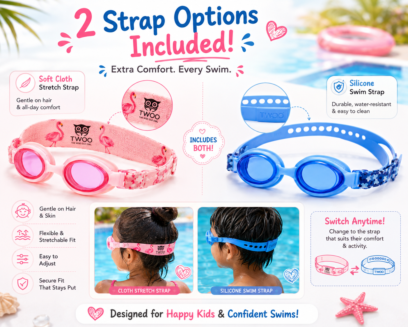 TWOO Kidz Swim Goggles for Kids 3+ Years | Anti-Fog Swimming Goggles with Soft Cloth & Silicone Straps | Adjustable Kids Swim Goggles for Boys & Girls