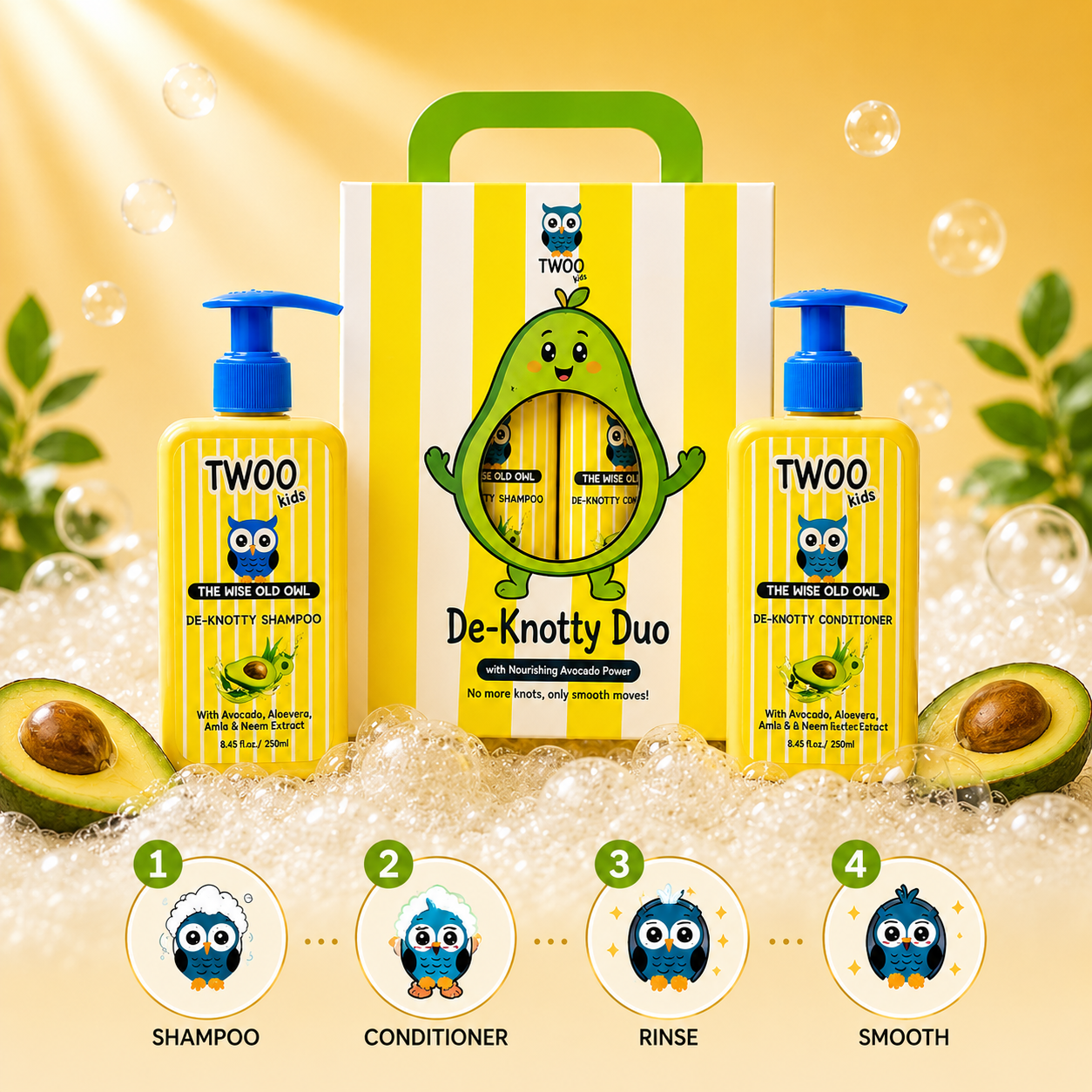 TWOO Kidz De-Knotty Duo Hair Care Combo | Shampoo & Conditioner for Smooth Tangle-Free Hair | Age 3+ | Combo Pack