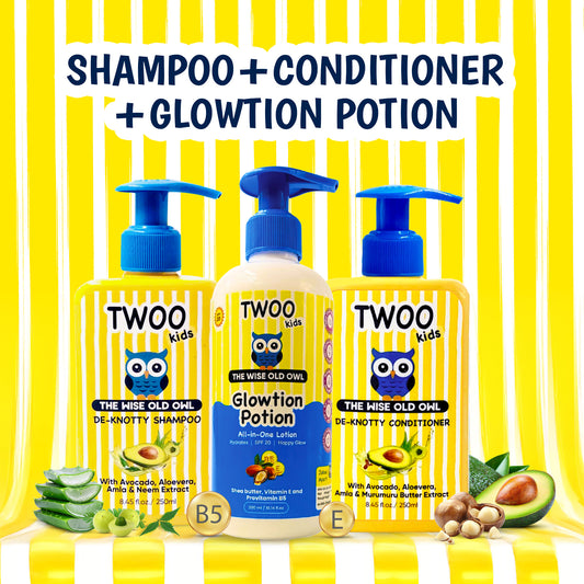 Gentle Glow Hair & Skincare Combo (De-Knotty Shampoo, De-Knotty Conditioner & Glowtion Potion)