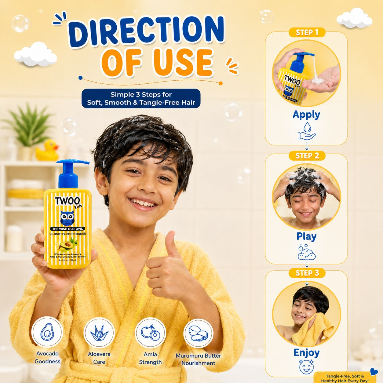 TWOO Kidz De-Knotty Conditioner for Kids | Soft Smooth & Tangle-Free Hair Care | Age 3+ | 250 ml