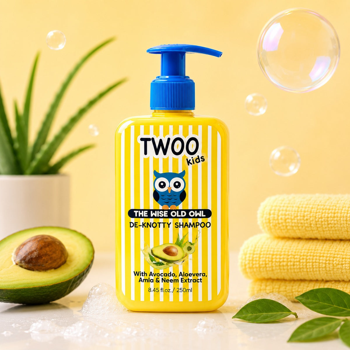 De-Knotty aloe vera shampoo bottle with avocado and towel