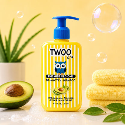 De-Knotty aloe vera shampoo bottle with avocado and towel