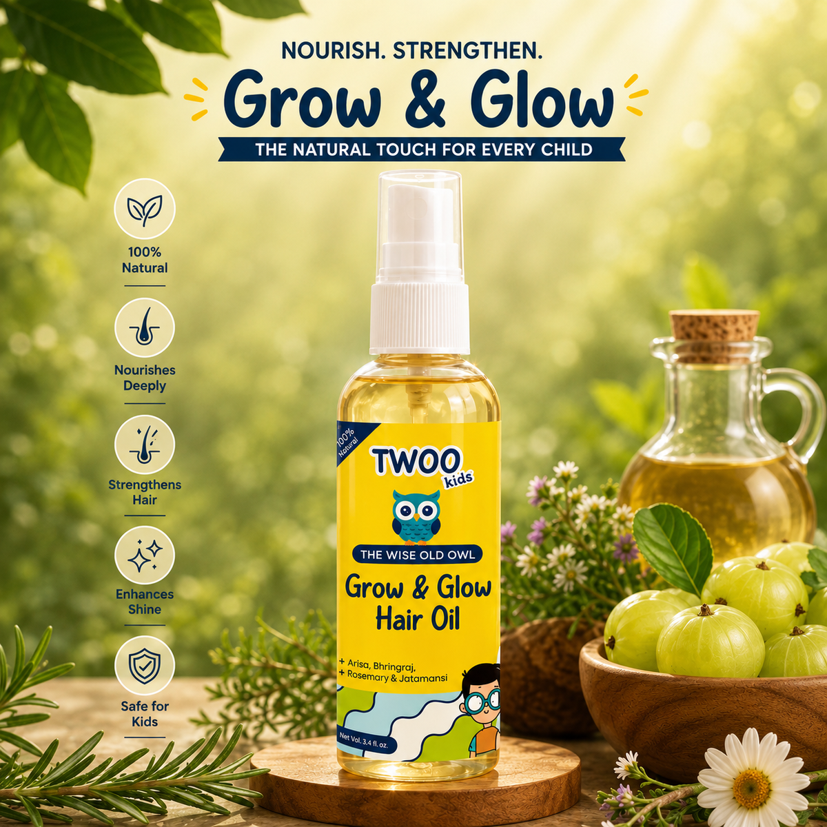 Grow & Glow, TWOO's natural hair oil for hair growth made for every child