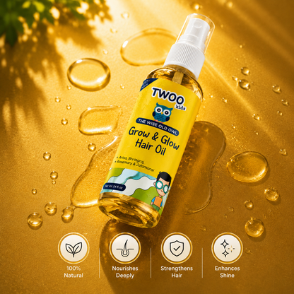 TWOO Kids hair oil texture — 100% natural, nourishes deeply, strengthens hair, enhances shine