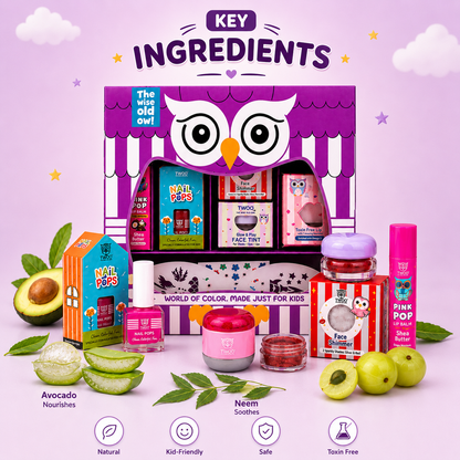 Natural key ingredients in the Purple Owl kids makeup kit — avocado, neem and a non-toxic formula
