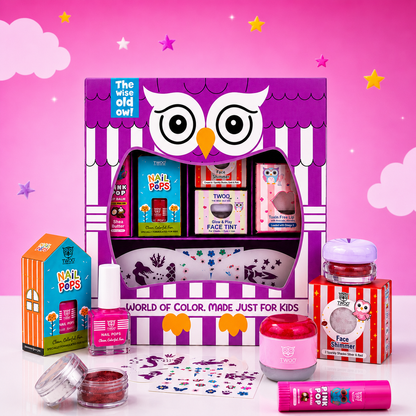 Kids lip gloss, nail colour and face shimmer from the Purple Owl makeup gift set