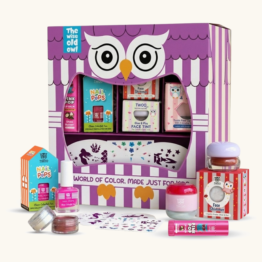 Purple Owl Magic Box kids makeup kit gift set with nail polish, lip gloss, face tint and shimmer