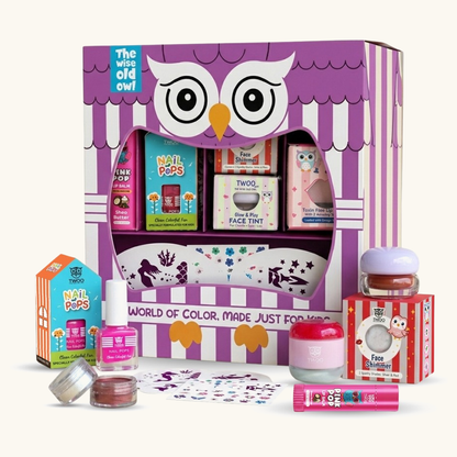Purple Owl Magic Box kids makeup kit gift set with nail polish, lip gloss, face tint and shimmer
