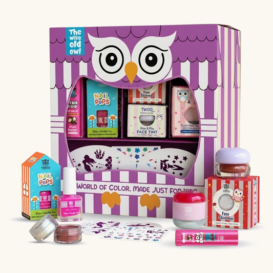 Purple Owl Magic Box kids makeup kit gift set with nail polish, lip gloss, face tint and shimmer