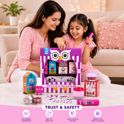 Mother and daughter playing with the Purple Owl kids makeup kit, a safe birthday gift for girls