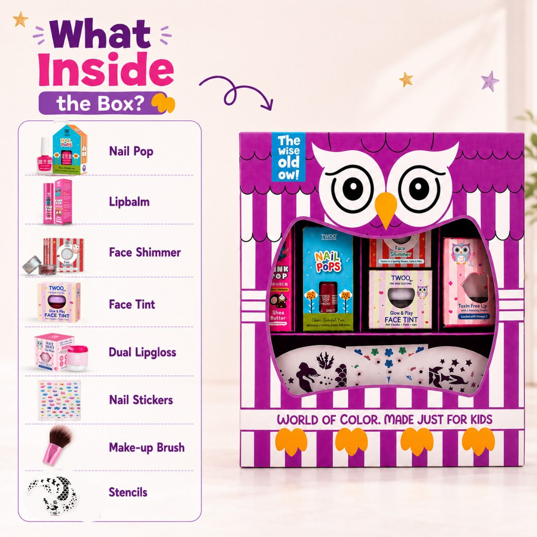 What's inside the Purple Owl kids makeup kit — nail pops, lip balm, face shimmer, face tint, lip gloss, nail stickers, makeup brush and stencils