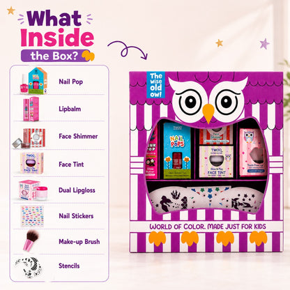 What's inside the Purple Owl kids makeup kit — nail pops, lip balm, face shimmer, face tint, lip gloss, nail stickers, makeup brush and stencils