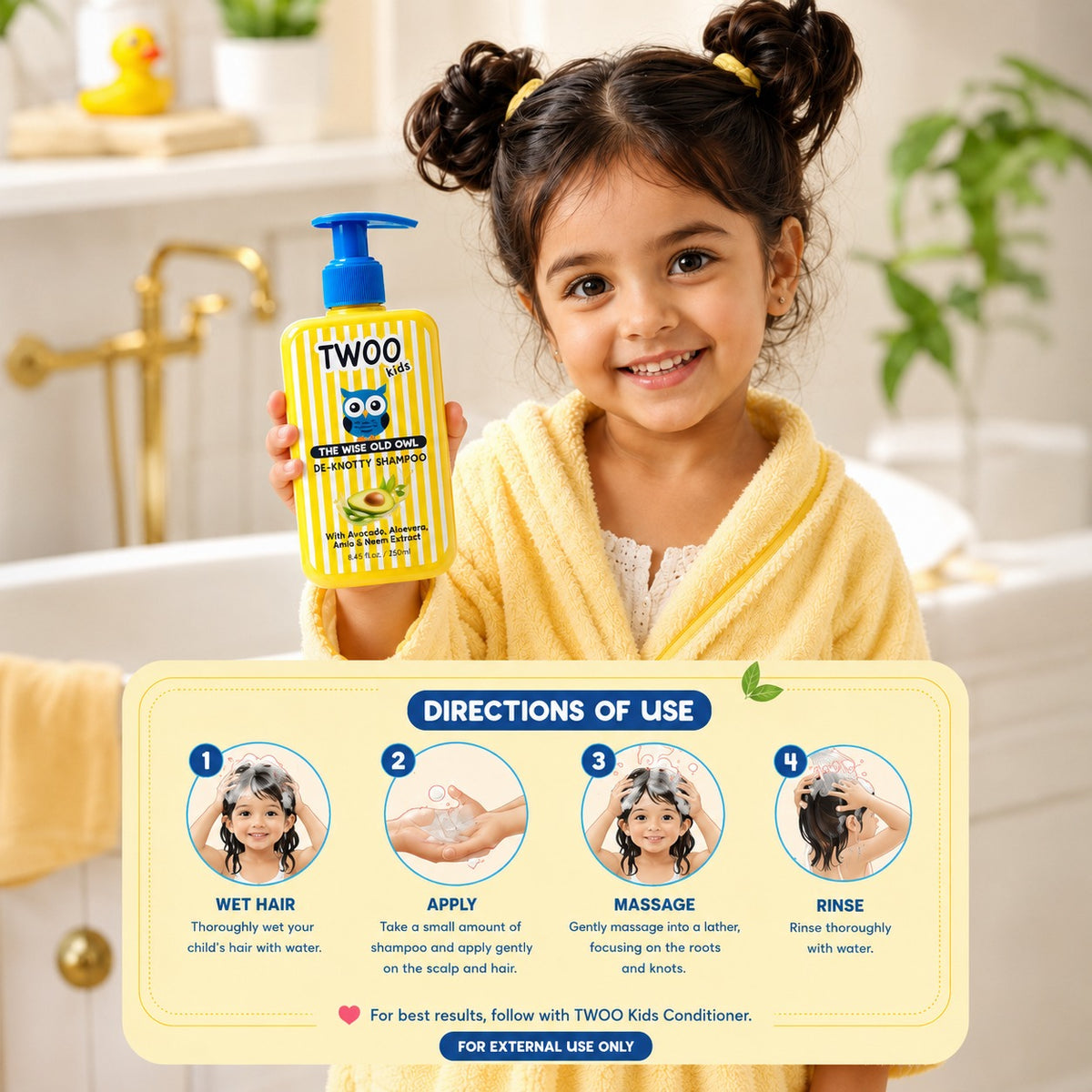 How to use TWOO Kids shampoo — wet, apply, massage, rinse, then follow with conditioner